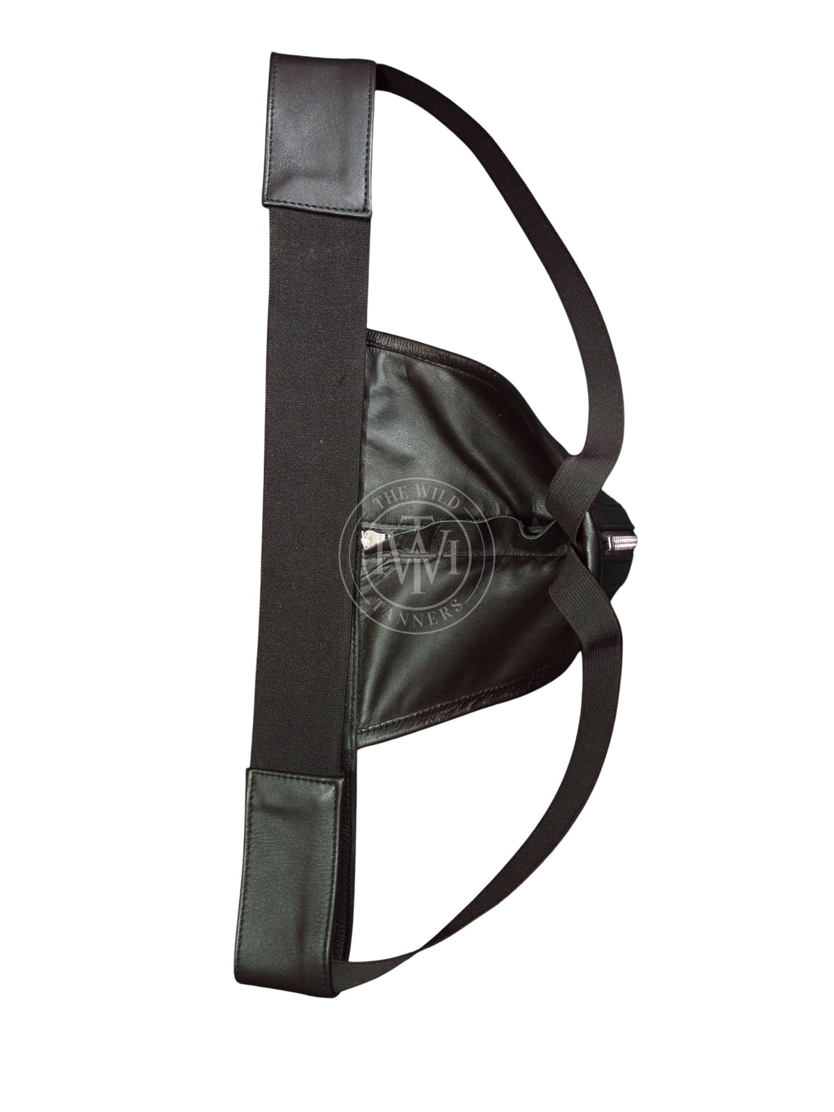 genuine leather jockstrap men with zip, back view of black leather jockstrap with wide elastic waistband and elastic thigh straps