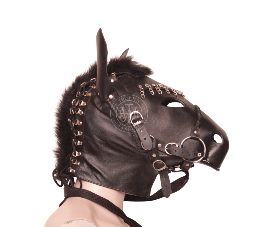 Leather pony play face mask and bondage hood, view 3