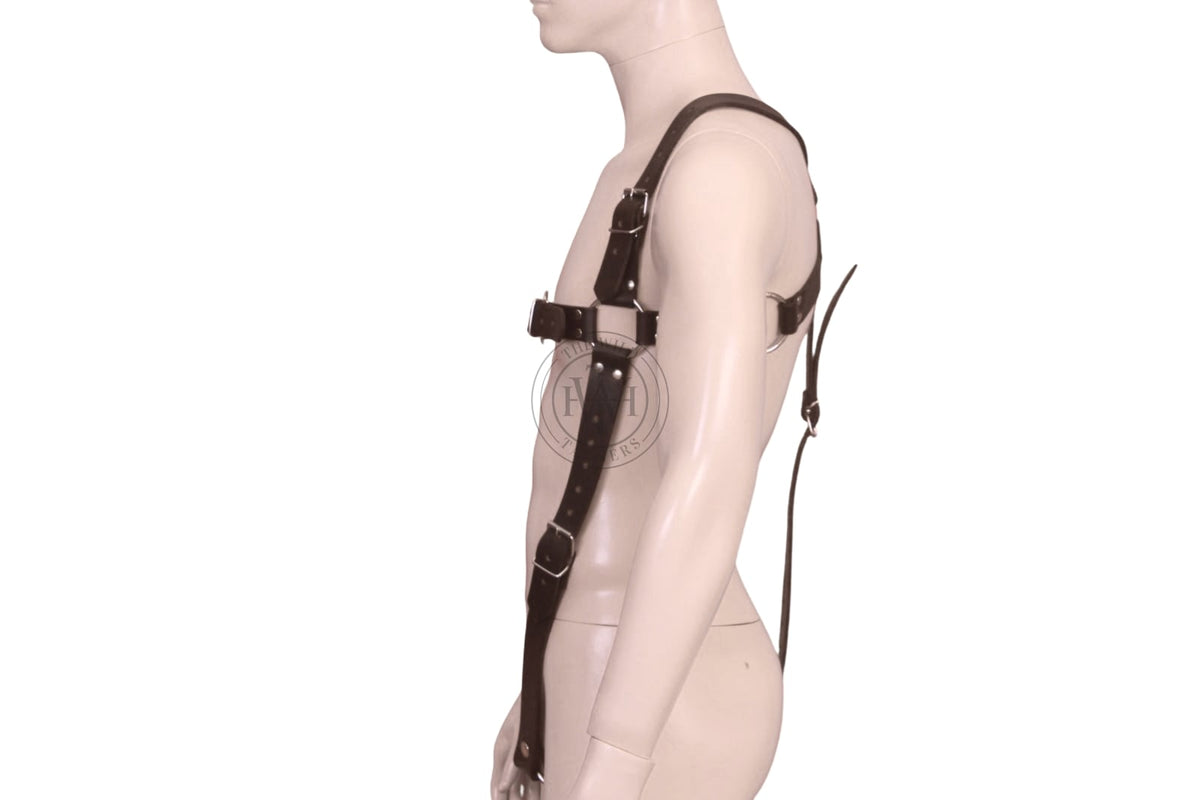 Leather BDSM body harness with cock ring, view 3