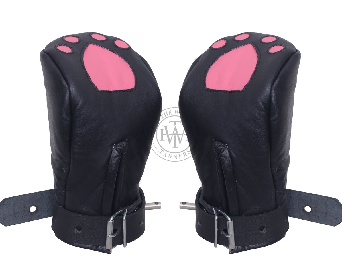 Padded leather bondage mittens with buckle straps, view 3