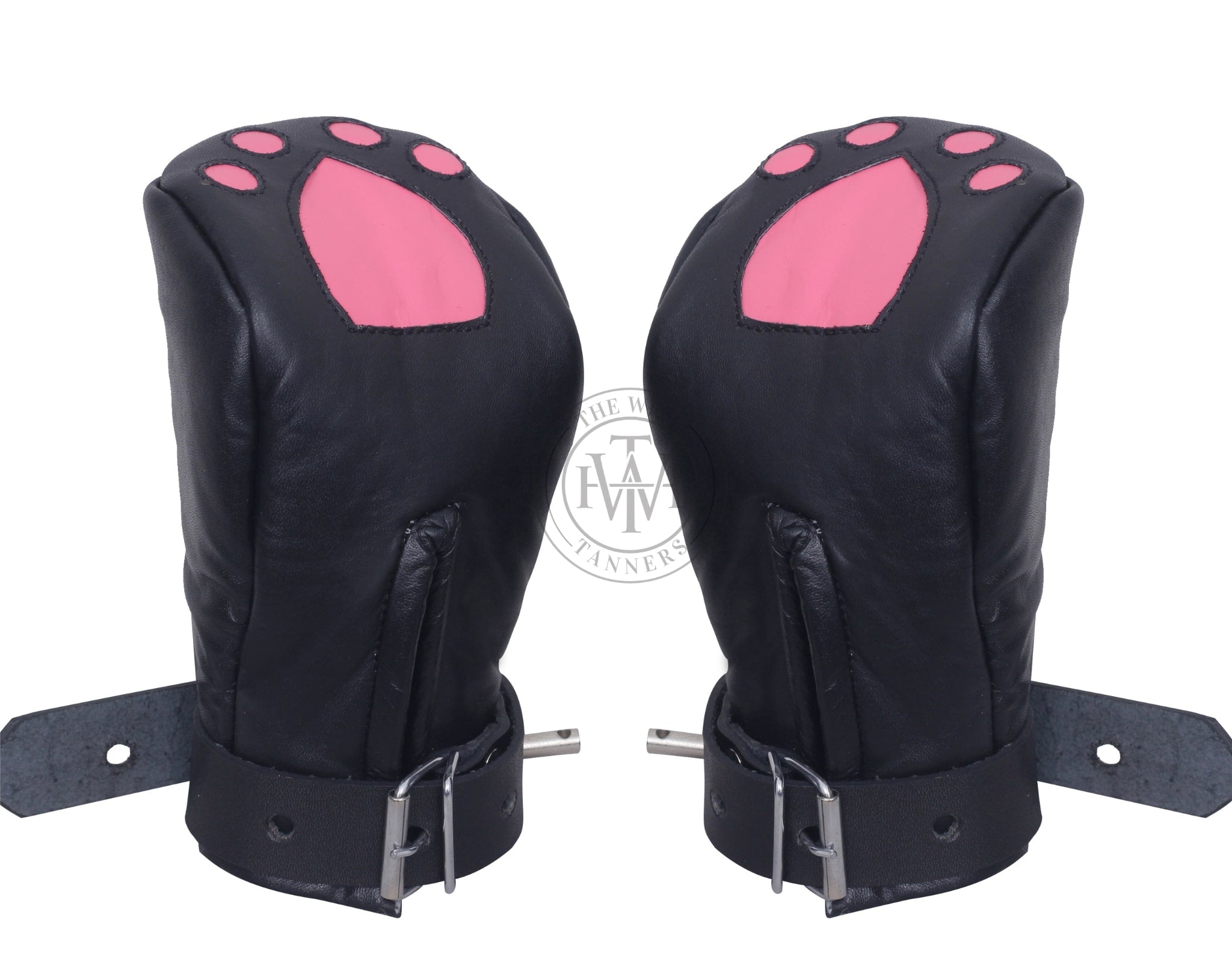locking leather bondage mitts, BDSM pup play gloves, padded leather restraint mittens, full hand bondage mitts, leather BDSM mittens for submissives, pup training hand restraints, bondage gloves with buckle straps, heavy-duty leather kink mitts