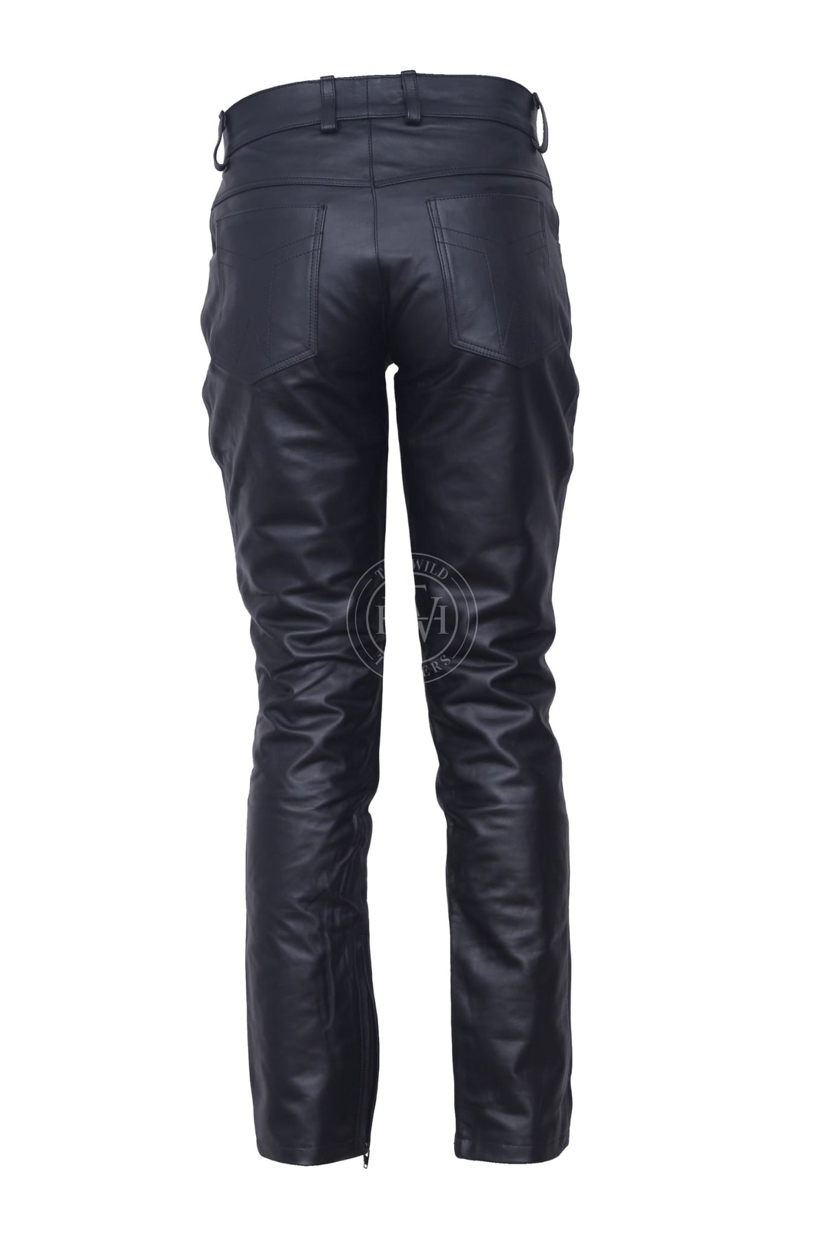 Plain Men's Black Leather Pants, view 3