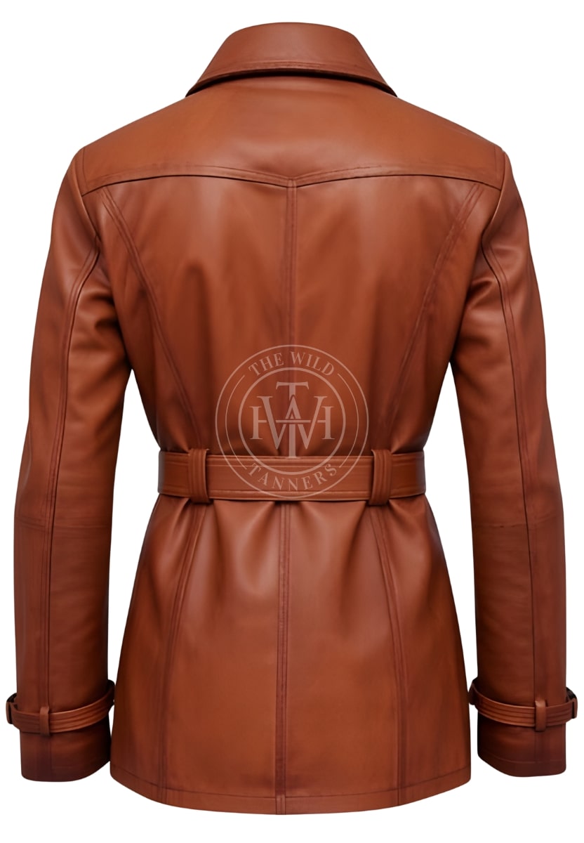 Women's Brown Leather Trench Coat, view 3