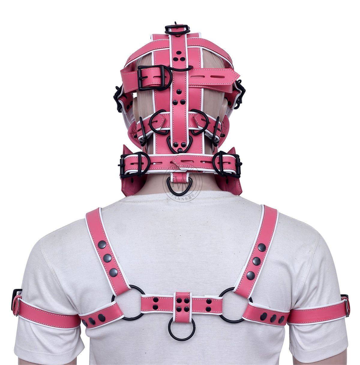 Leather bondage muzzle gag with chest harness and biceps cuffs, view 3