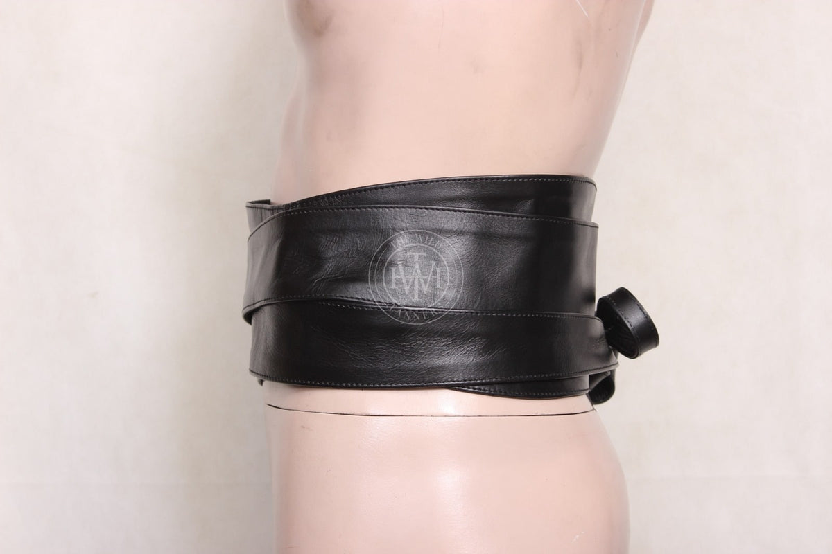 Black genuine leather obi wrap belt, view 3