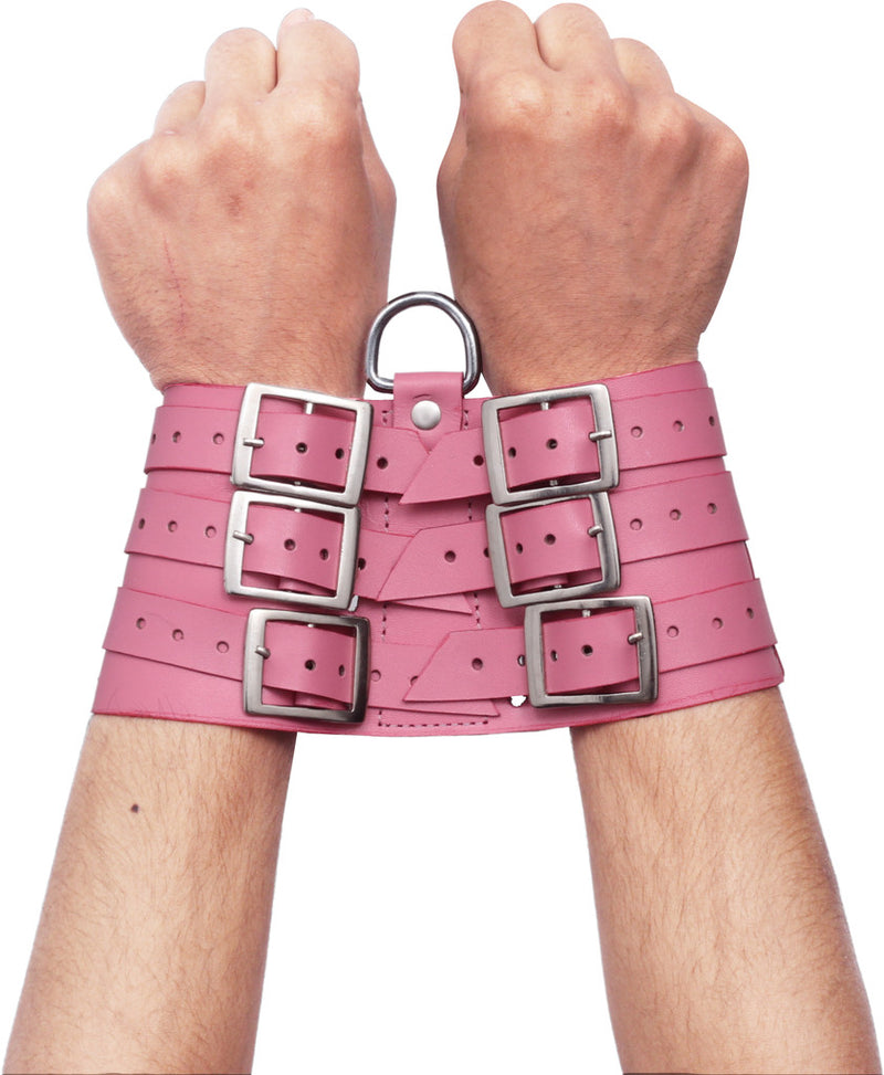 pink leather cuffs, kinky handcuffs, BDSM restraints, adjustable cuffs, bondage gear