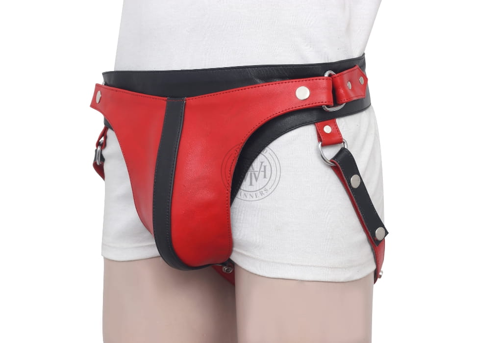 genuine gay leather jockstrap for men, side angle of red and black leather jockstrap showing front pouch, D-rings and thigh strap