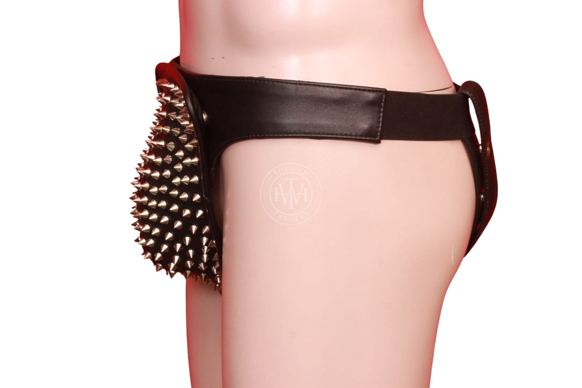 back view of black mens leather jockstrap with elastic waistband and snap-button leg straps