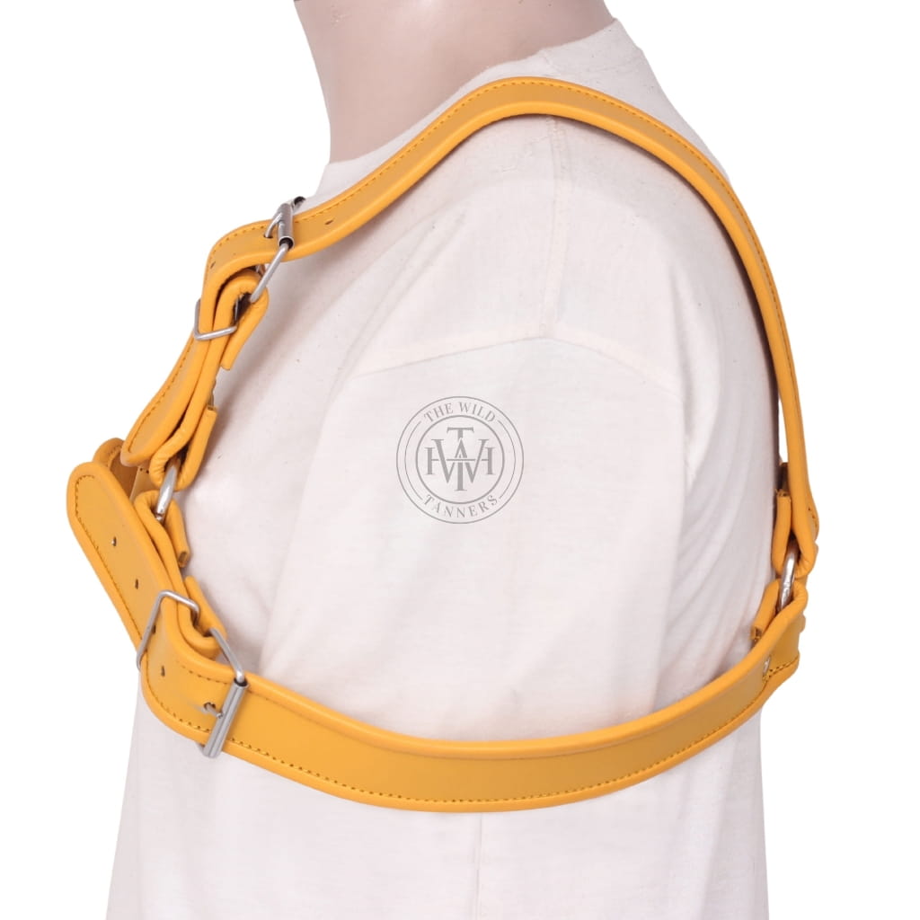 gay mens leather harness with shoulder roller buckles