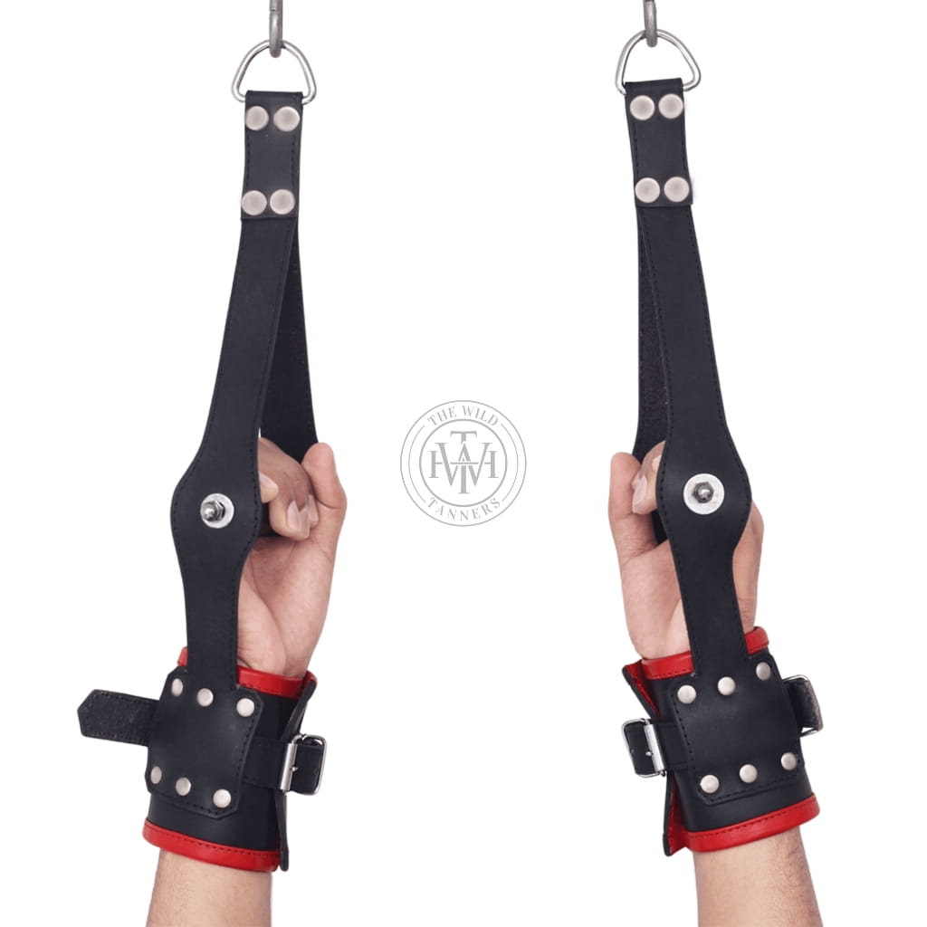Genuine leather BDSM suspension cuffs with heavy-duty D-rings, view 3