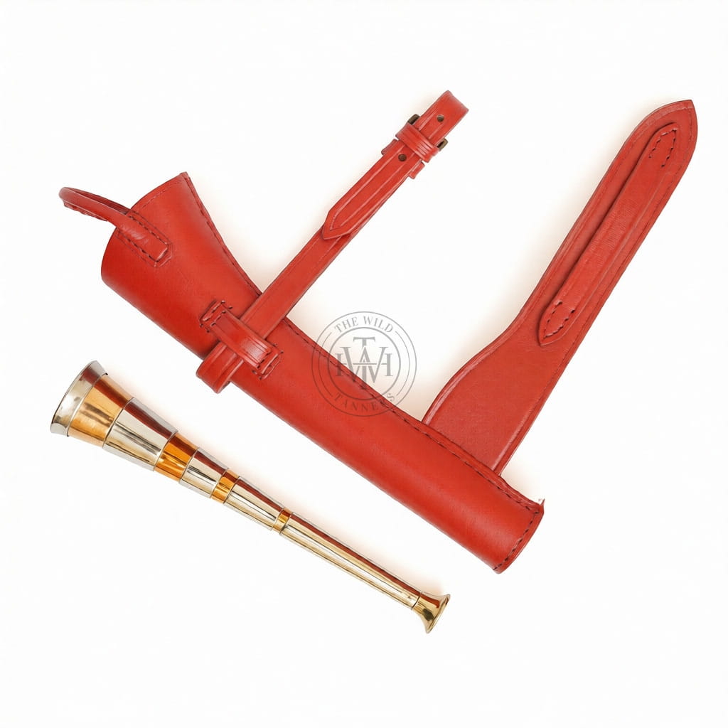 Fox Hunting Horn with Brass Mouth Piece and Red Leather Case, view 4