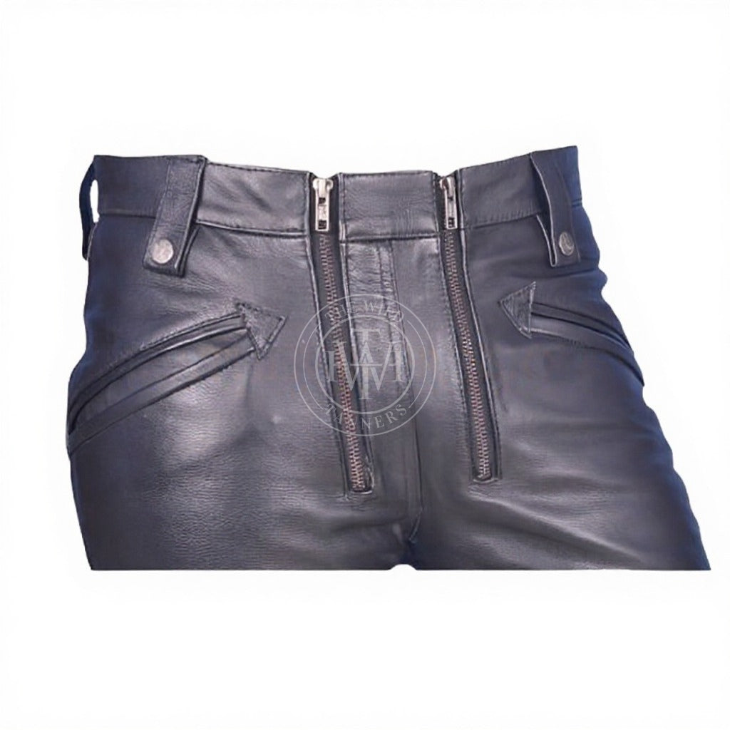 Black Leather Pants with Dual Zip Fly, view 4