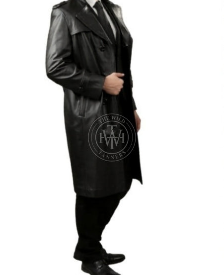 Genuine Leather Long Trench Coat, view 4