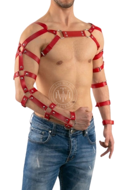 men’s leather harness with full arm bands and buckles