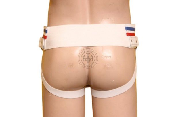 genuine mens leather jockstrap with multiple o-rings, back view of white leather jockstrap with wide elastic waistband and two elastic leg straps