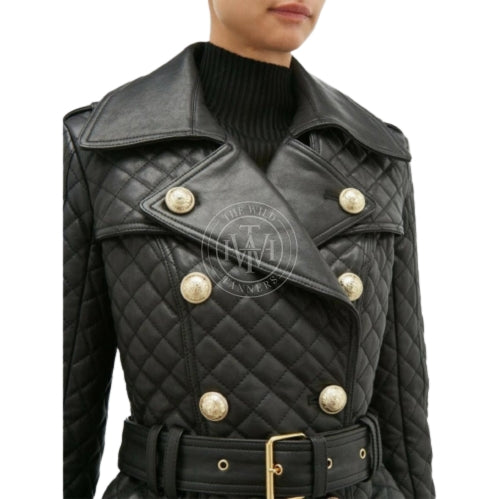 Genuine Leather Womens Quilted Trench Coat, view 3