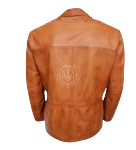 Tan two-button leather blazer coat, view 4