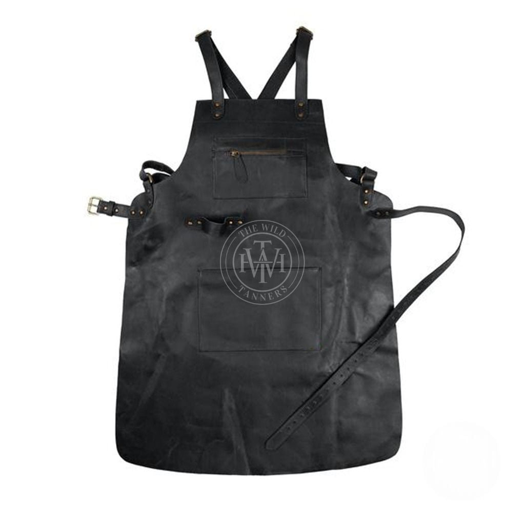 Cross Back Black Leather Apron, view 3