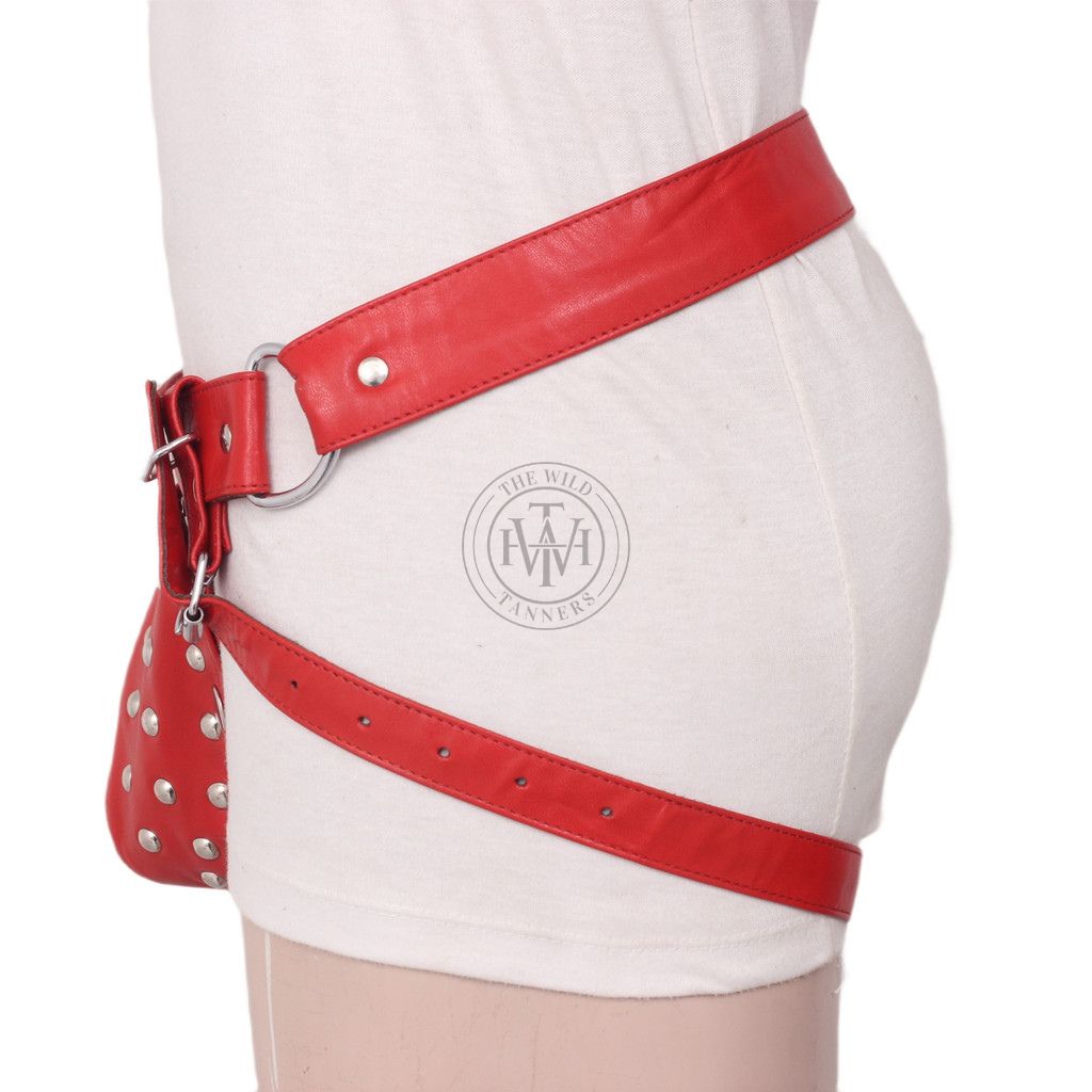 red handcrafted genuine leather jockstrap, side view of red leather jockstrap showing d-ring, buckle tab and leather leg strap