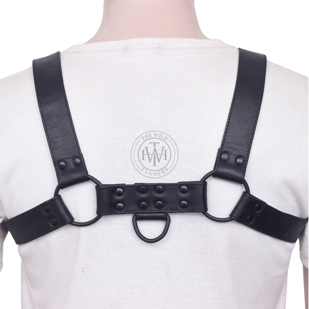 Black genuine leather H-harness with adjustable straps, view 4