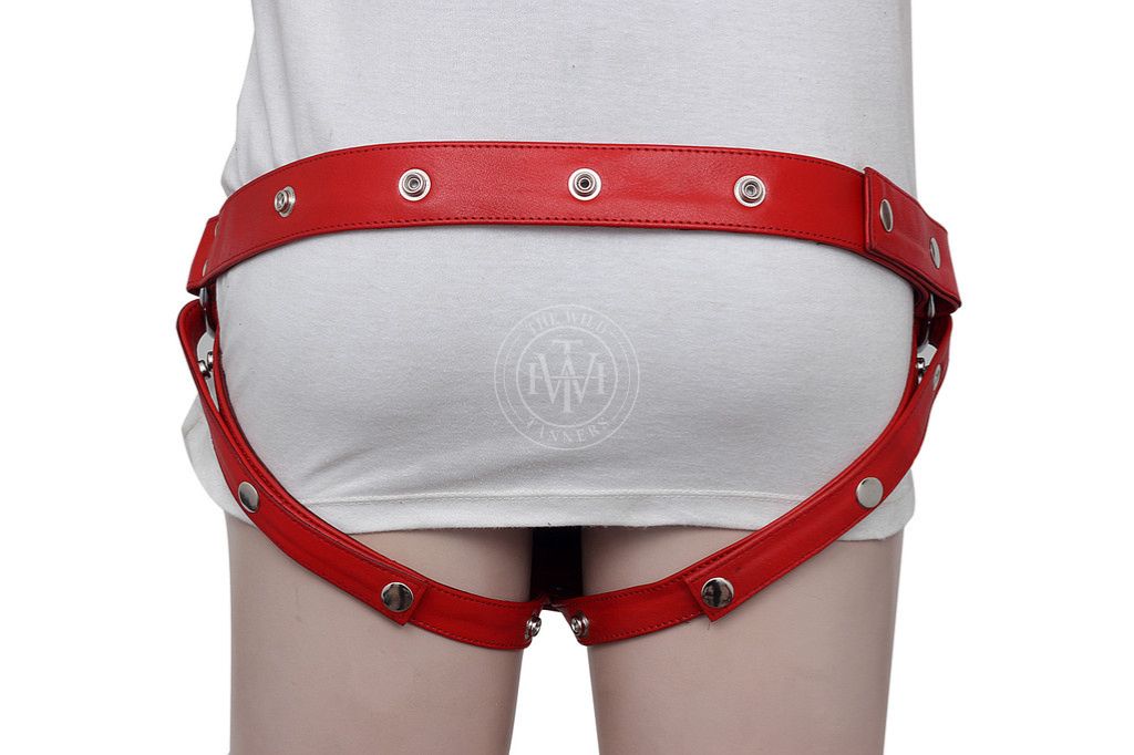 red leather harness, jockstrap harness, adjustable bondage harness, men’s leather chest harness