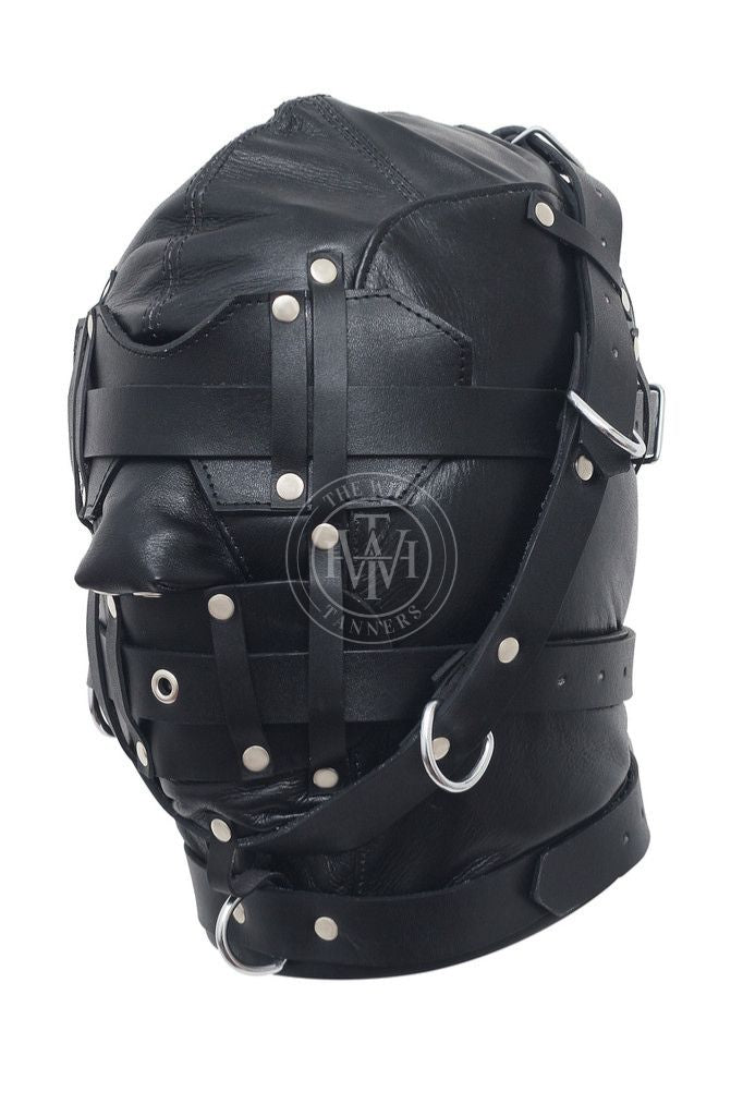 Black Full Face Leather Bondage Hood, view 4