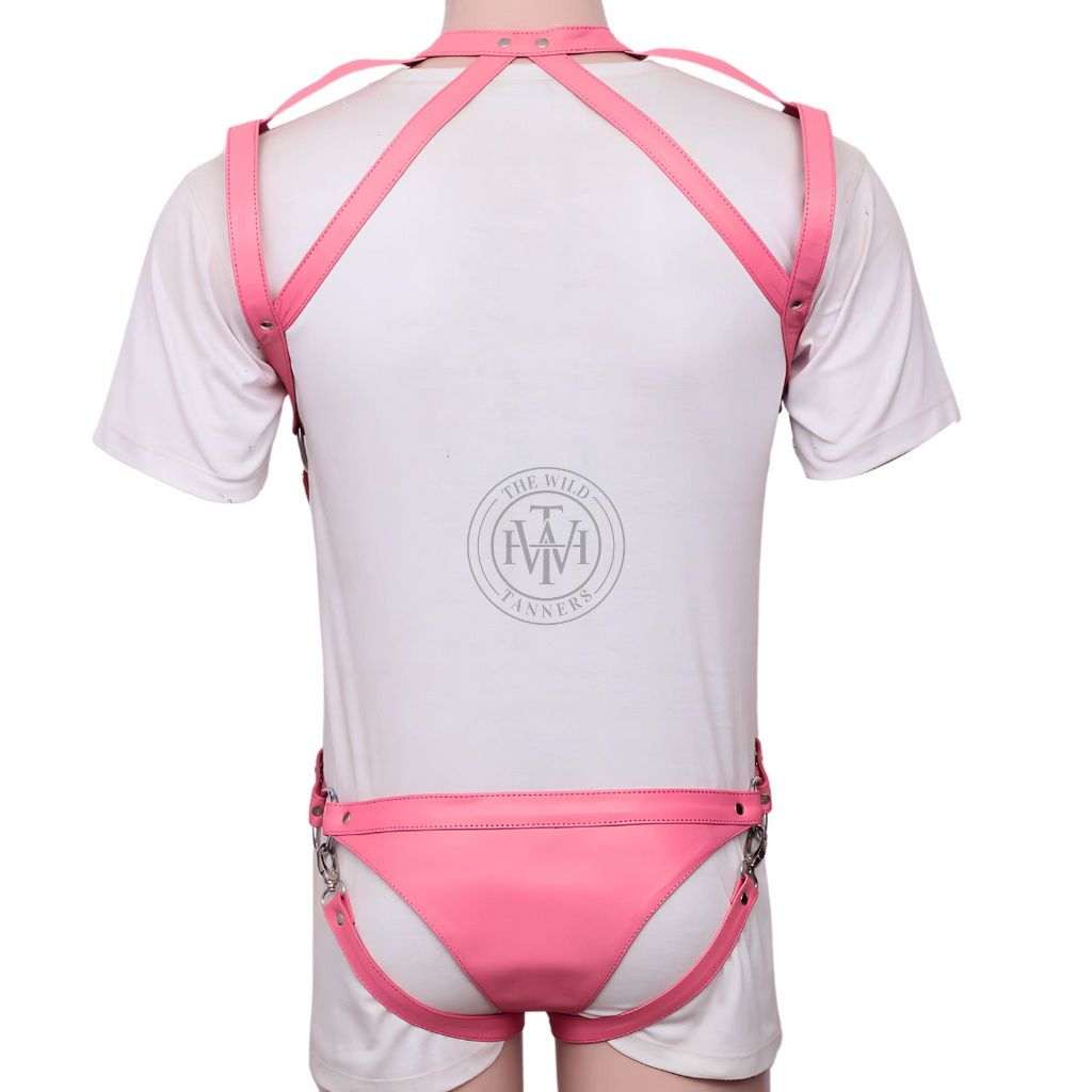 pink leather harness, BDSM chest harness, adjustable men’s harness, leather O-ring harness