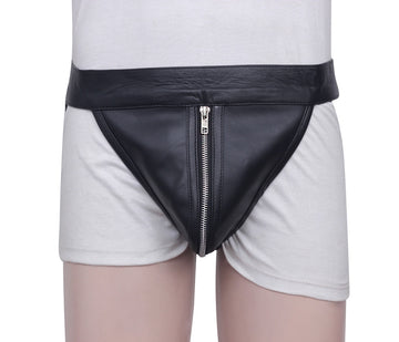 handcrafted black leather jockstrap for men, black leather jockstrap for men with front zipper and wide leather waistband, front view