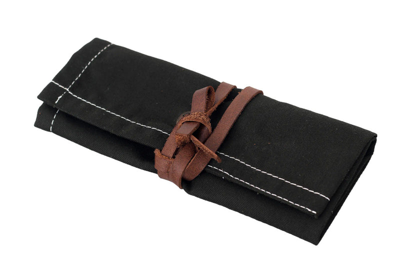 Black canvas tool roll, foldable storage pouch, roll-up tool bag, canvas utility roll, leather strap closure pouch, compact tool organizer, handmade tool holder, artisan tool wrap, canvas pouch with leather tie, heavy-duty canvas tool roll, cotton canvas storage case, durable fabric tool organizer, multi-pocket tool roll, portable tool wrap, hand tool storage pouch, tool kit roll for professionals, brush or tweezer roll case, minimalist tool pouch, rustic style tool roll, black pouch with white stitching,