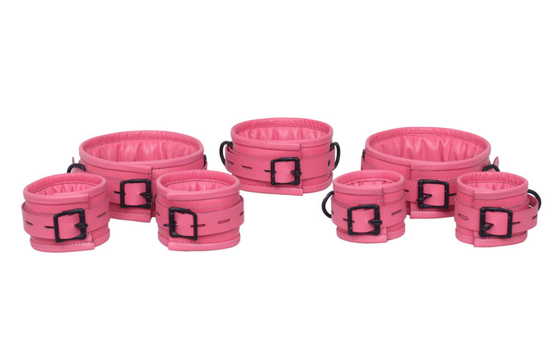 pink leather bondage handcuffs, padded BDSM cuffs, adjustable leather restraints, D-ring bondage set, 7-piece restraint set