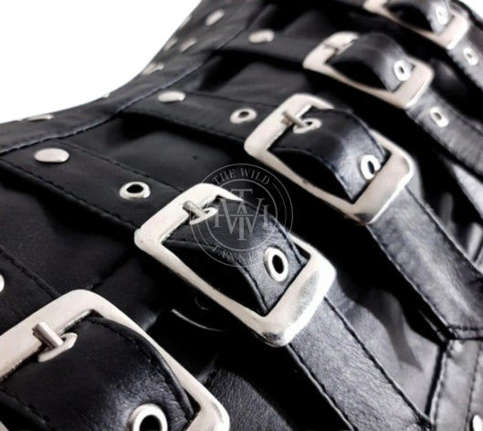 Genuine leather bondage corset with heavy-duty waist restraint, view 3