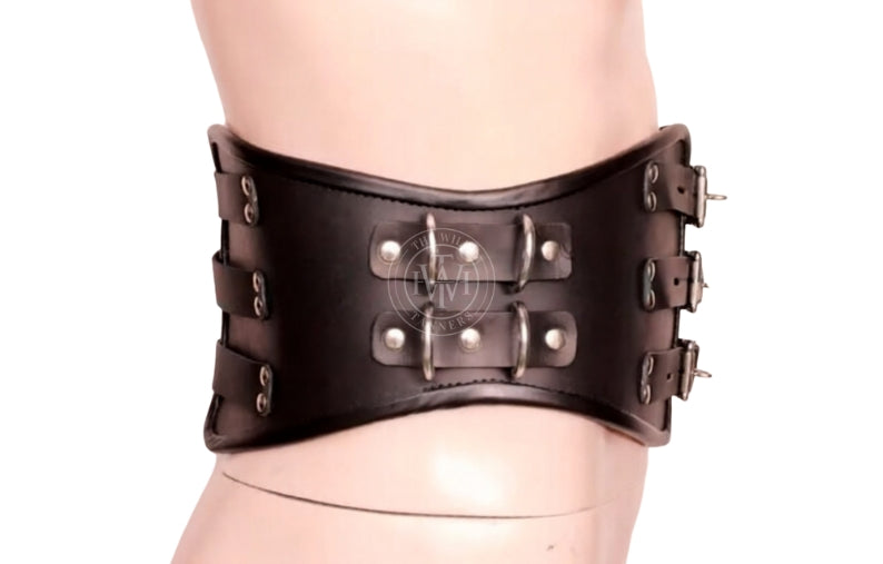 Leather bondage corset cincher with waist restraint, view 3