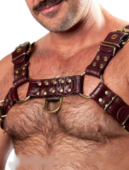 handcrafted leather mens bondage harness with jockstrap, close-up of leather mens bondage harness with brass o-rings, buckles, rivets and front d-ring