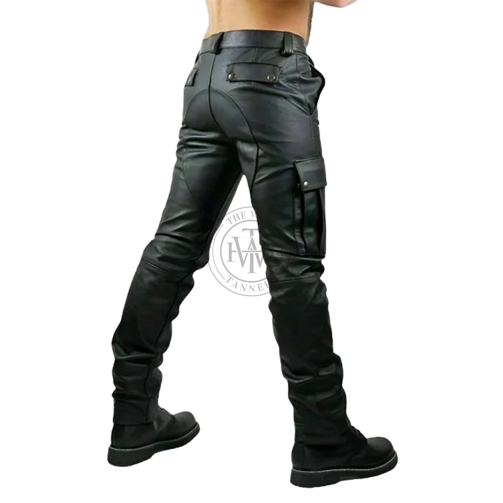 Black Leather Cargo Pants, view 3
