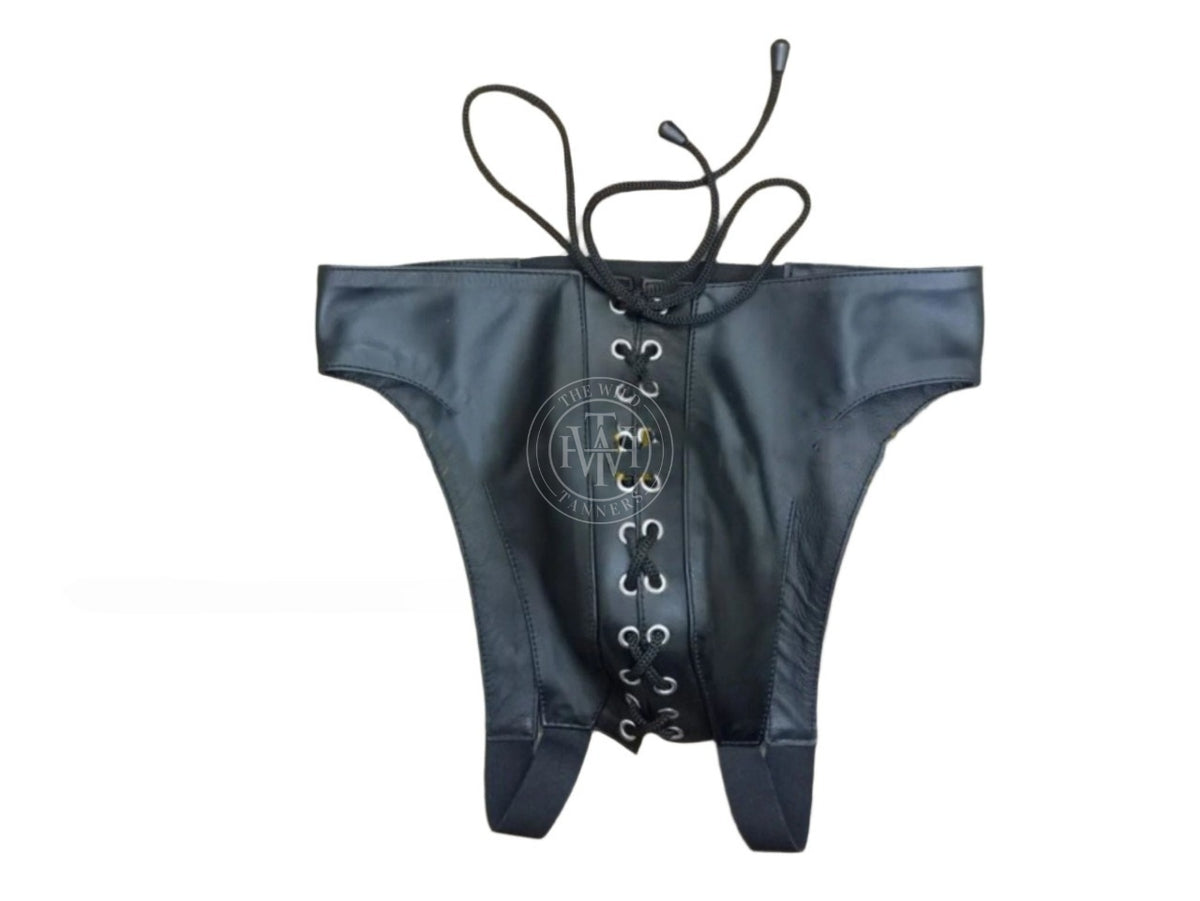 handmade gay leather jockstrap, inside view of black leather jockstrap with lace closure, eyelets and elastic leg straps
