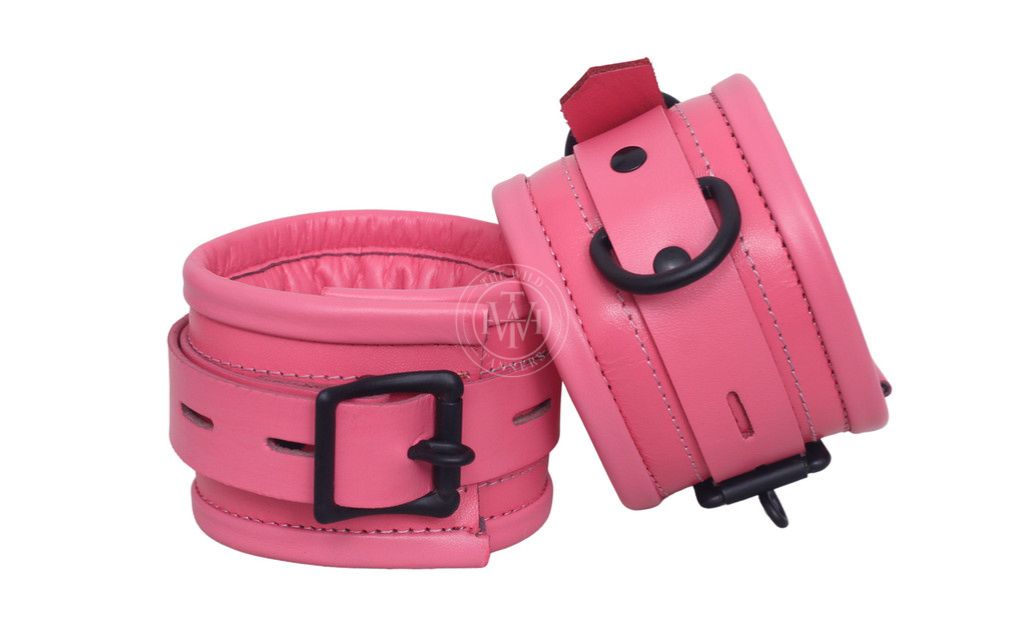7 Pcs Pink Set Handmade Leather Bondage Handcuffs, view 3