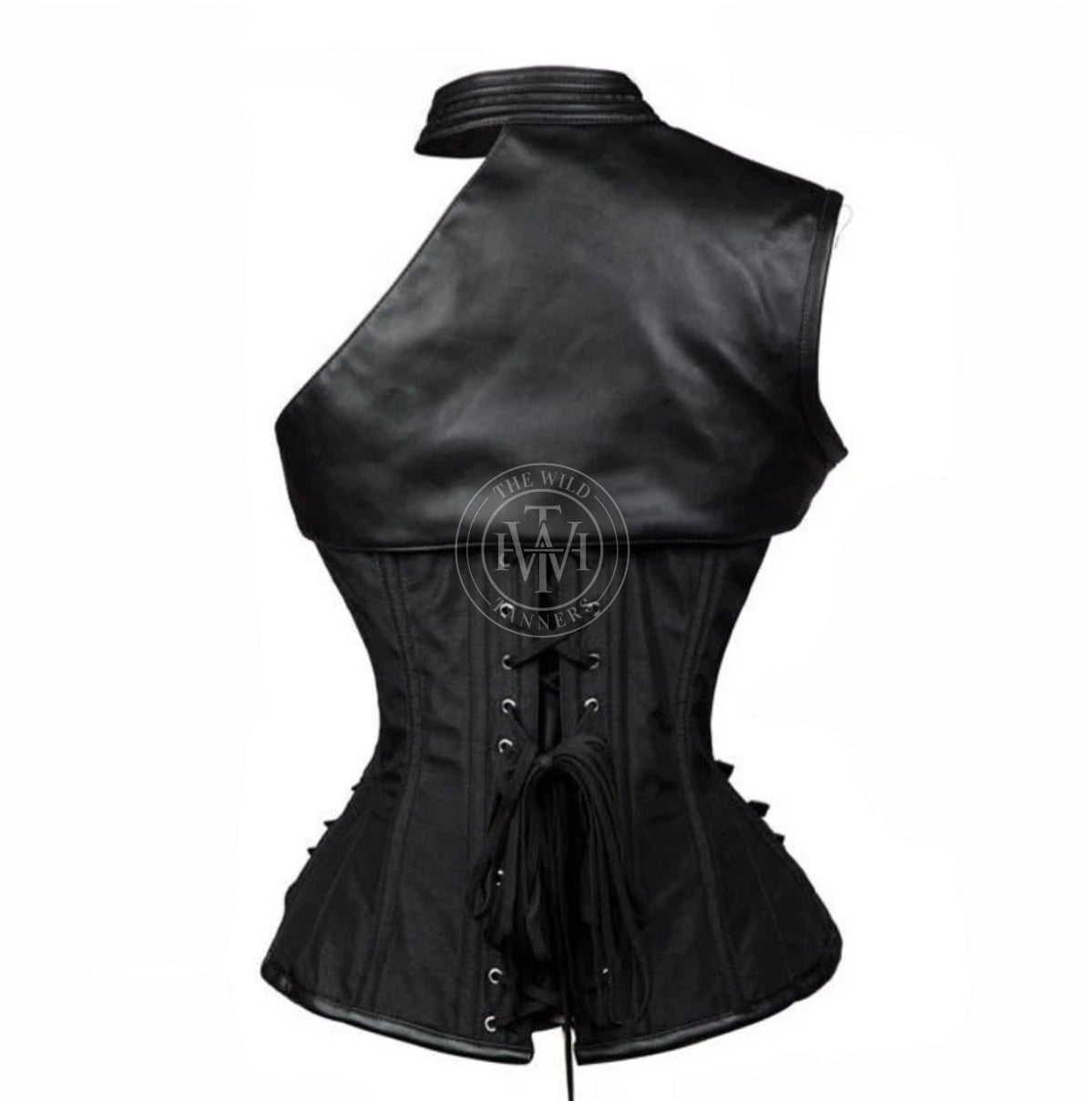 Women's black overbust leather corset, view 5