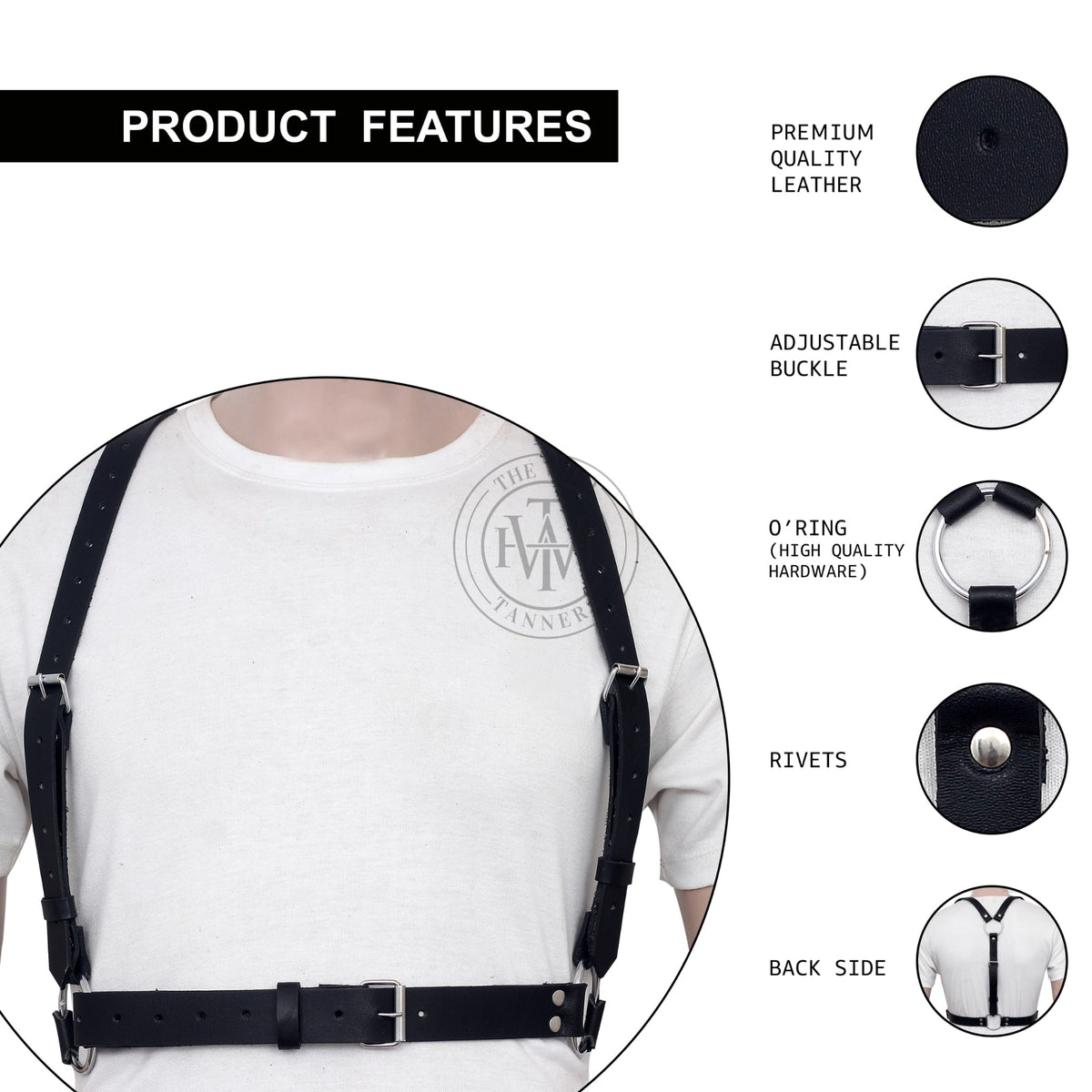 adjustable leather belt harness with roller buckles