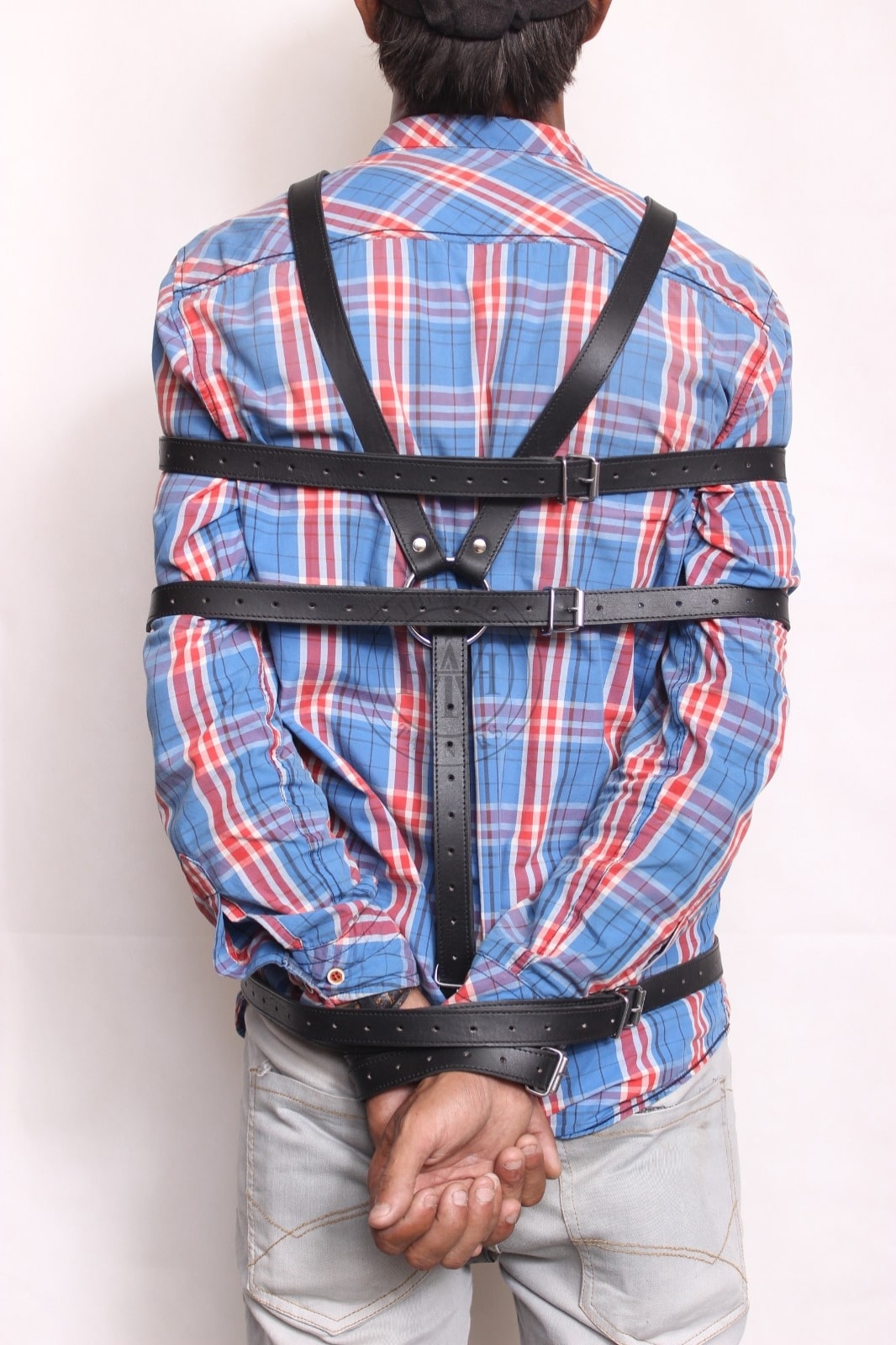 Unisex leather body harness with triple O-rings, view 4