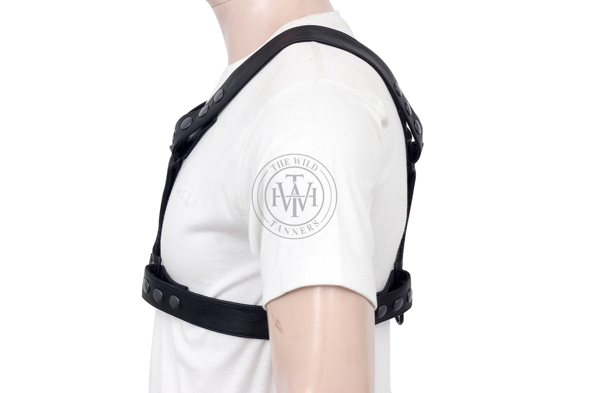 Mens Leather Bulldog Harness With Rectangular Rings, view 3