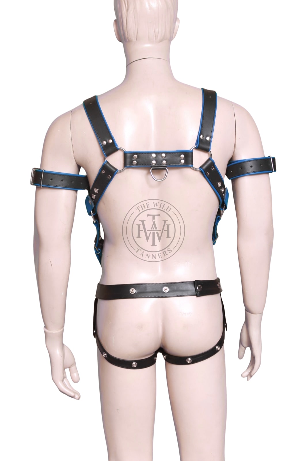crossbow mens leather body harness with jockstrap, back view of black leather body harness with d-ring chest bar, arm bands and open-rear thigh straps
