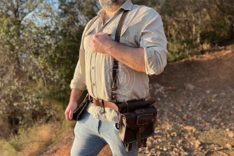 brown bushcraft leather belt kit, handmade brown leather tool belt, leather bushcraft belt with pouches, genuine cowhide leather outdoor belt kit, rustic brown leather survival belt