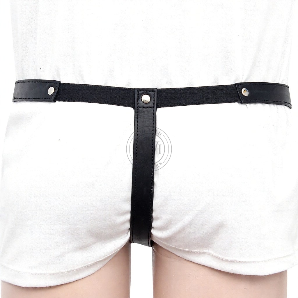 genuine men's leather thong, back view of black leather thong with elastic waistband and center rear leather strap