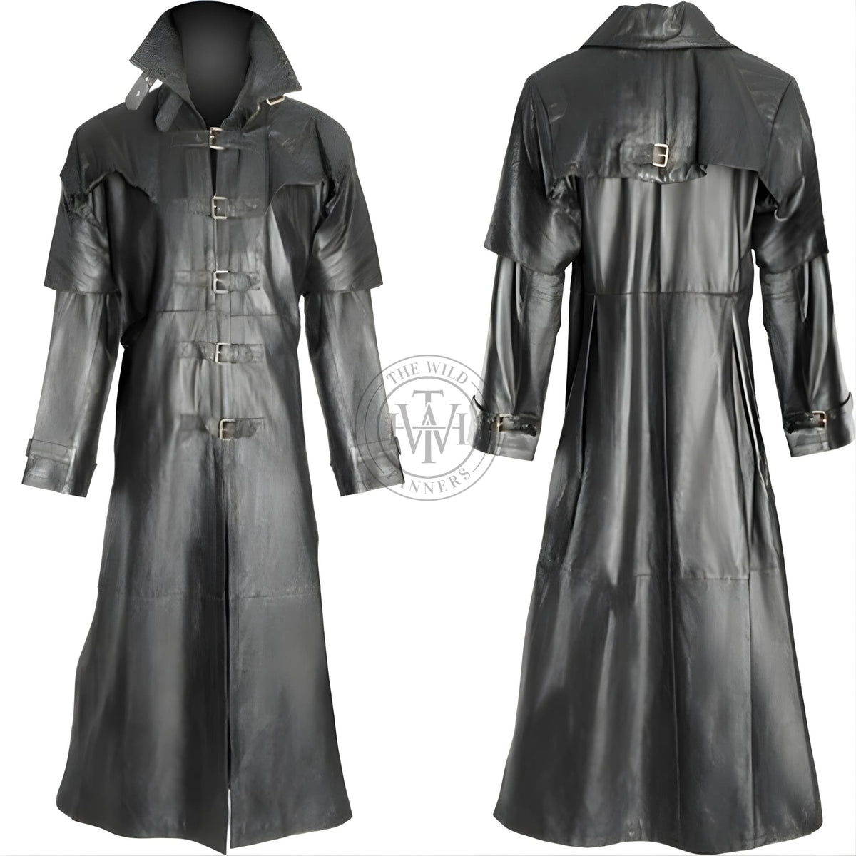 Leather Black Long Mens Trench Coat, view 2