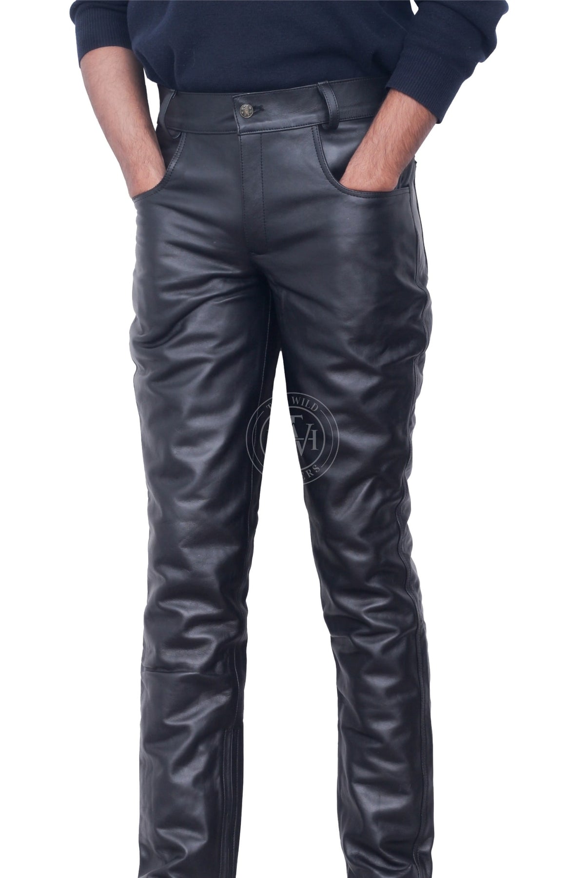 Plain Men's Black Leather Pants, view 4