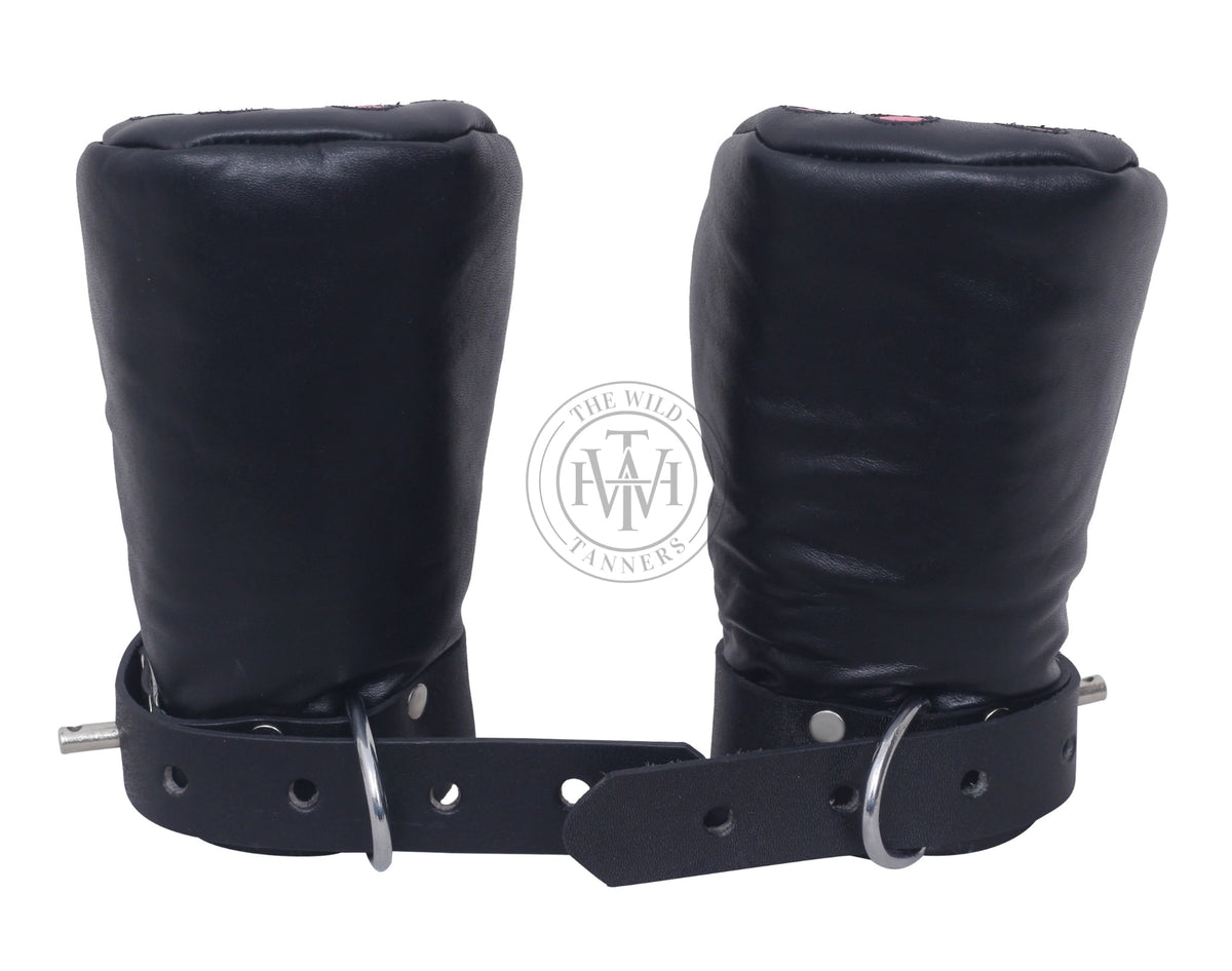 Padded leather bondage mittens with buckle straps, view 4