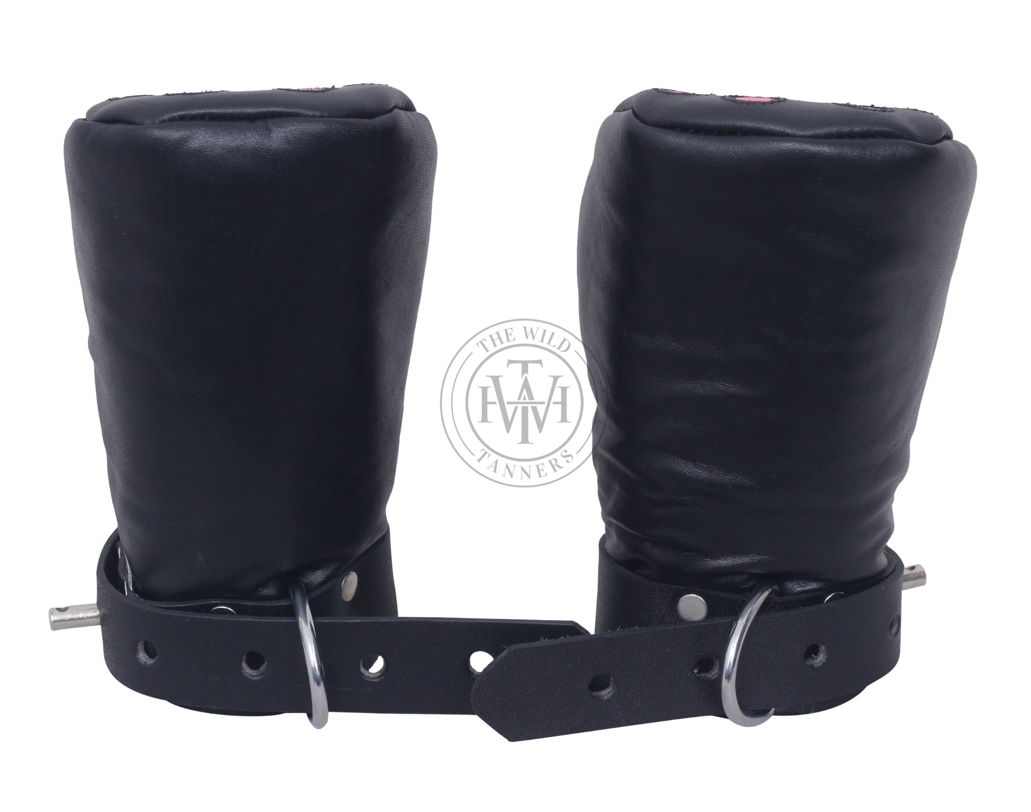 locking leather bondage mitts, BDSM pup play gloves, padded leather restraint mittens, full hand bondage mitts, leather BDSM mittens for submissives, pup training hand restraints, bondage gloves with buckle straps, heavy-duty leather kink mitts