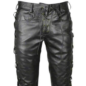 Men's Side Lace Up Black Leather Pants