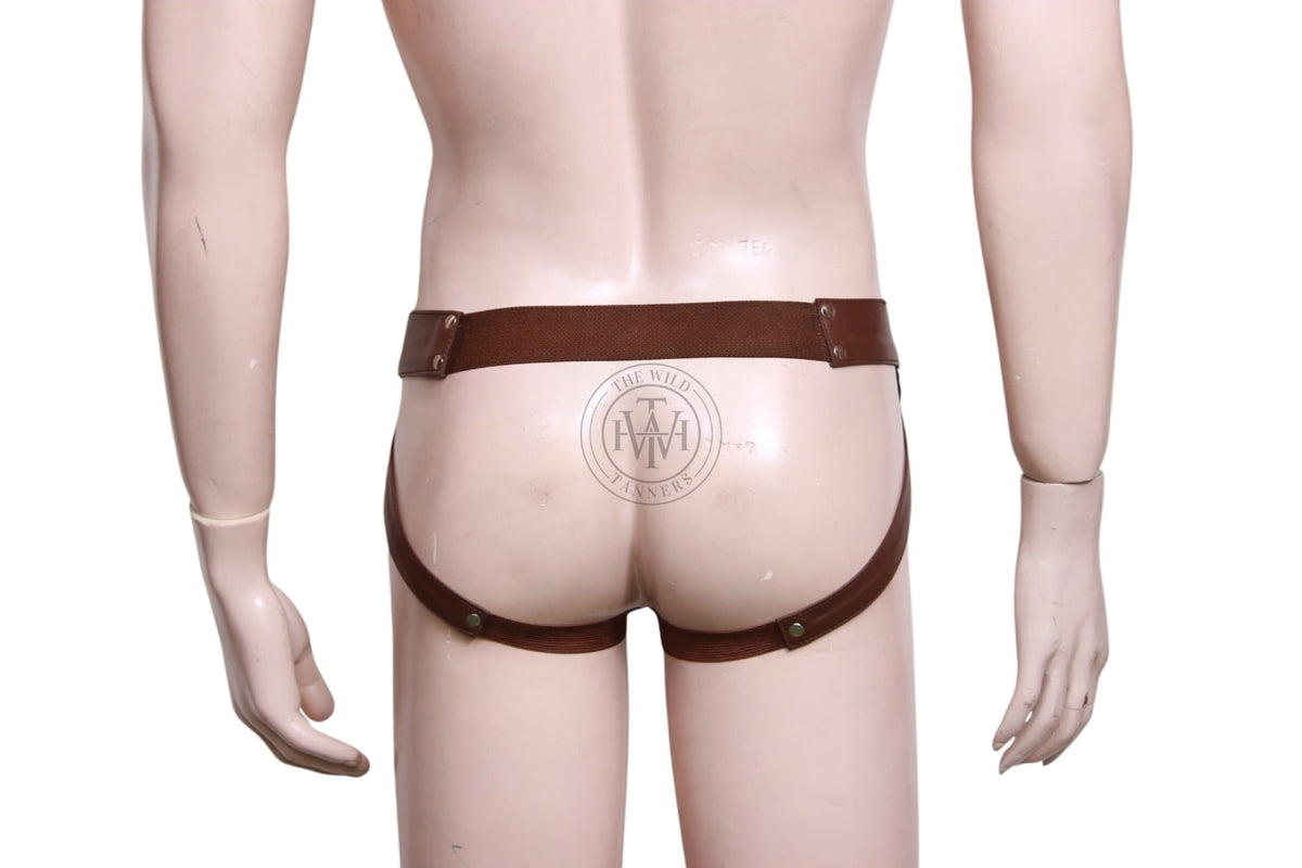 men's gay leather jockstrap, back view of brown leather jockstrap with elastic waistband and snap thigh straps