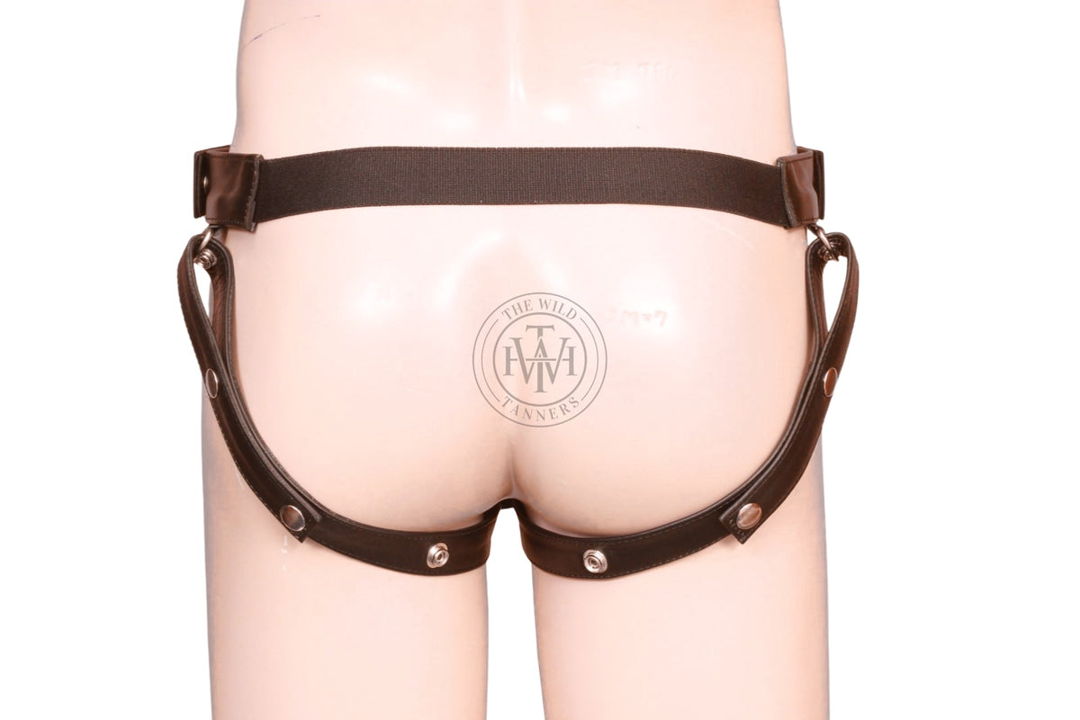 premium leather jockstrap for men, back view of leather jockstrap with elastic waistband, hip rings and snap thigh straps